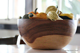 wood bowl, gourds, budget decor, vintage, natural decor, http://bec4-beyondthepicketfence.blogspot.com/2015/10/personalizing-your-home-on-budget.html