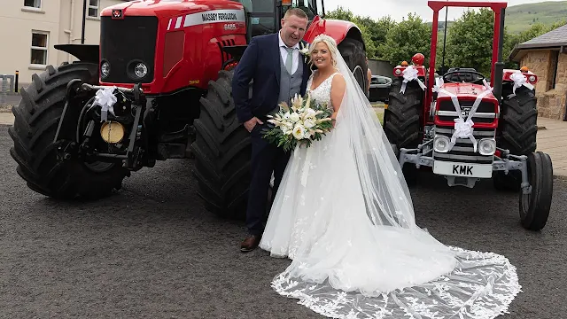 British bride arrived for her wedding in a tractor