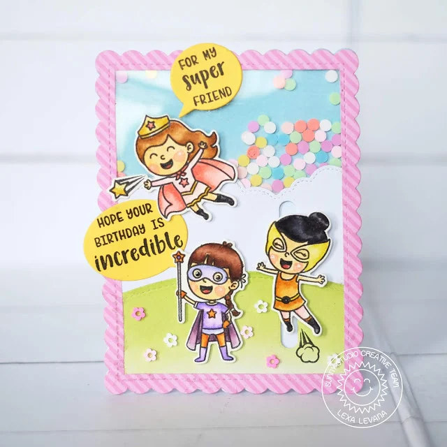 Sunny Studio Stamps: Super Duper Fluffy Clouds Border Frilly Frames Comic Strip Speech Bubbles Dies Super Hero Themed Shaker Card by Lexa Levana