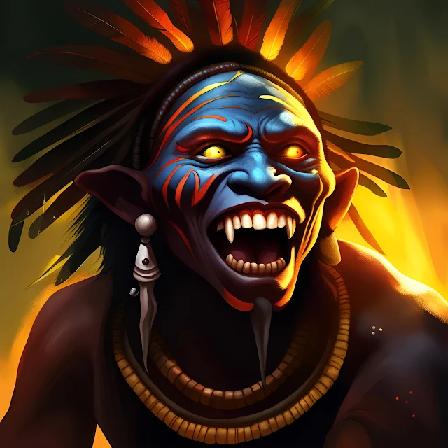 jurupari é um caboclo brasileiro da tribo tupi, ele é cruel e vingativo e ri com sua boca torta e tem um rosto pavoroso, tem poderes divinos do sol, pele escamosa e vários braços e uma aura espiritual que o rodeia como se ele fosse um fantasma espectral