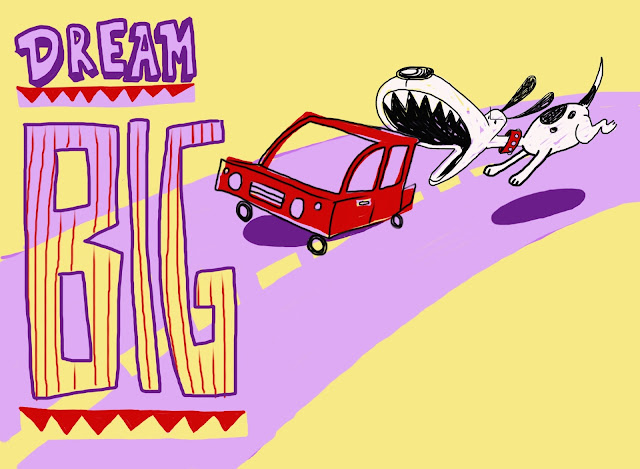 dog, car, chase, dream, big, optimism, optimist, car chase, iPad, drawing