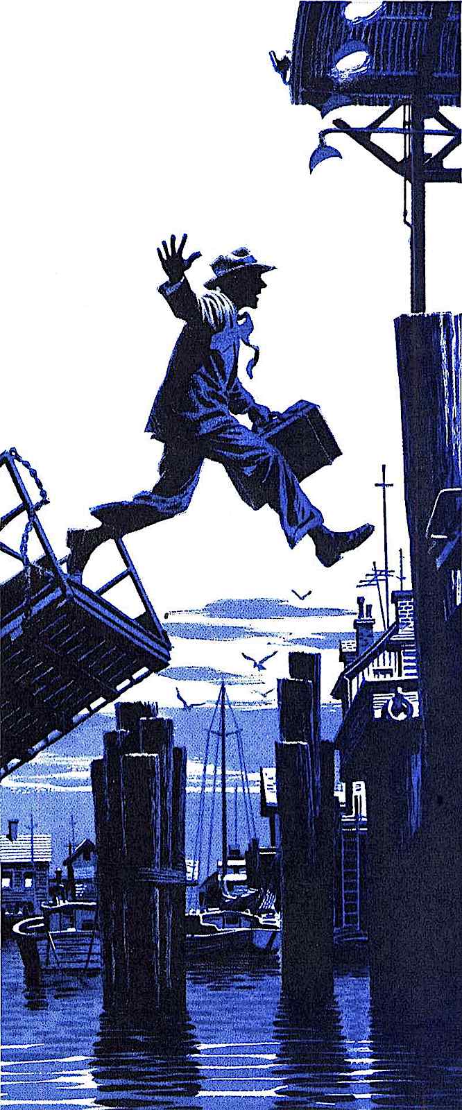 a James R. Bingham illustration of a man jumping from ship to dock