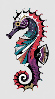 "Tribal seahorse art with intricate designs, vibrant colors including purple, blue, red, white, black, and gold, abstract seahorse representation, dynamic artistic illustration, flowing lines seahorse, colorful tribal patterns, seahorse with detailed tribal motifs, white background seahorse art, artistic seahorse design with vivid hues."