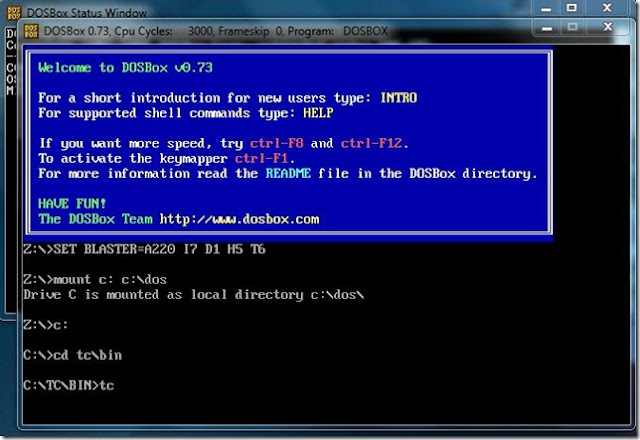 Turbo C commands screenshot