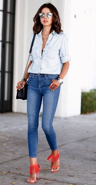 casual style outfit: shirt + bag + skinnies