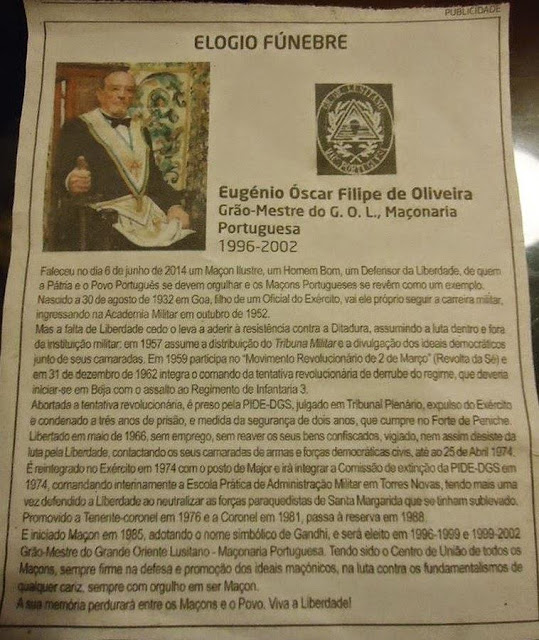 ELOGIO FÚNEBRE de Eugénio Óscar Filipe de Oliveira. Grão-Mestre do G.O.L. – Maçonaria Portuguesa (1996-2002)