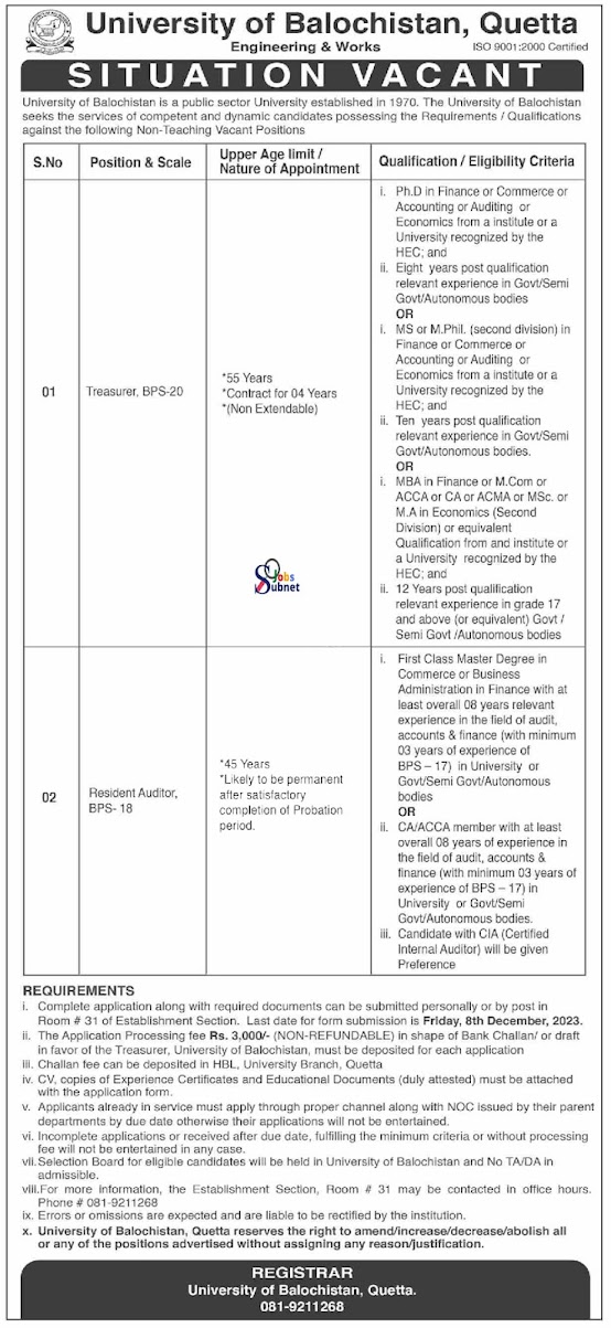 University of Balochistan Quetta Jobs 2023 Advertisement