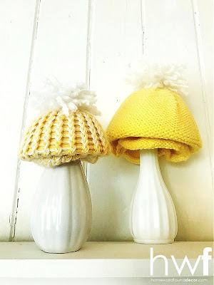 sweaters, re-purposing, just for fun, DIY, crafting, home decor, thrifted, winter, colorful home, diy decorating, up-cycling, knitting, knit beanie caps, beanies, toques, knit mushrooms, mushrooms, winter, spring, mantel decor, Dollar Tree, thrift stores, mushroom decor.