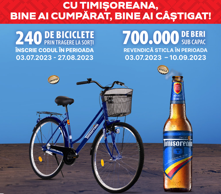 Concurs Timisoreana Coduri 2023 -  Cu TIMISOREANA, bine ai cumparat, bine ai castigat! Uita-te sub cheita sau sub capac si poti castiga una din cele 700.000 de doze sau 240 de biciclete Timisoreana