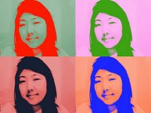 A picture of Miss Lee, it is one picture big picture made into four small picture quadrants.  Each quadrant is highlighted with two different colors; grey and red, pink and green, salmon and purple, and peach and blue.