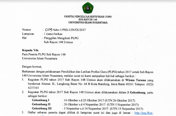Surat Panggilan Dan Daftar Penerima Plpg Tahun 2017 Sub Rayon 148 Uninus