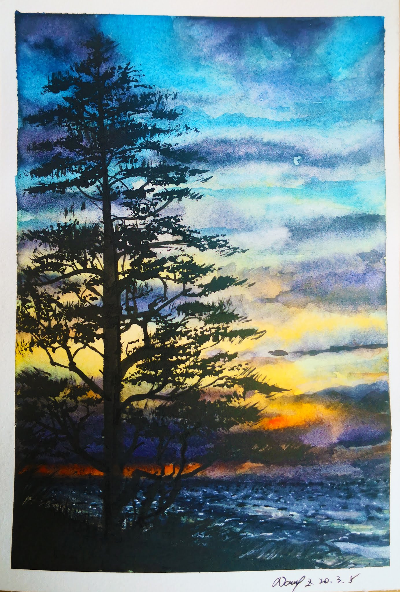 How to draw sunset landscape and pine trees step by step