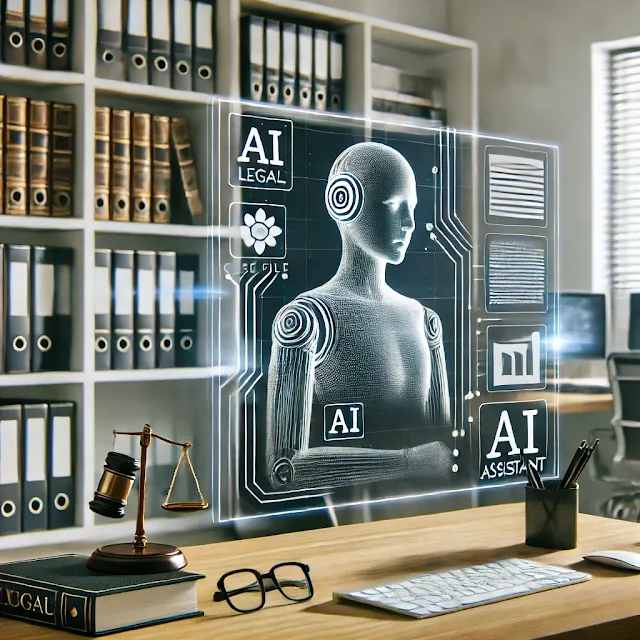 A digital interface showcasing AI-driven legal tools in a modern legal office setting.