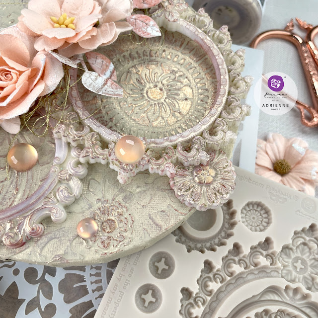 Mixed media canvas created with: Prima Marketing Finnabair mirror frames moulds, folk florals stencil,  opal magic violet-gold, impasto paint linens, metallique wax burgundy, art pebbles vintage, miel flowers dulzura and solecito, farm sweet farm porcelain flowers