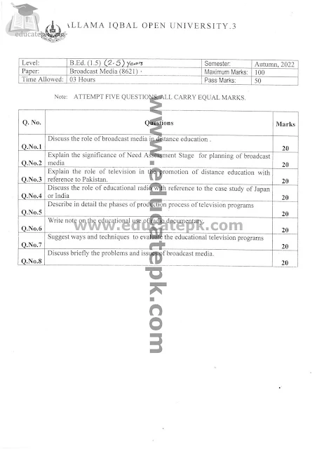 Aiou B.ed Code 8621 Past Papers