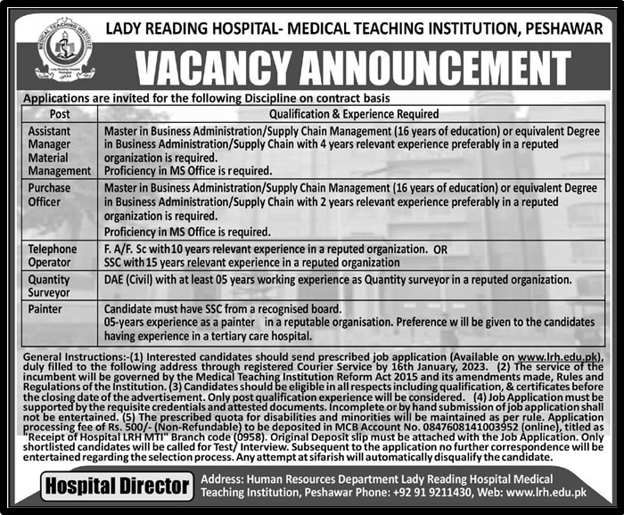 Lady Reading Hospital LRH Peshawar Jobs 2023