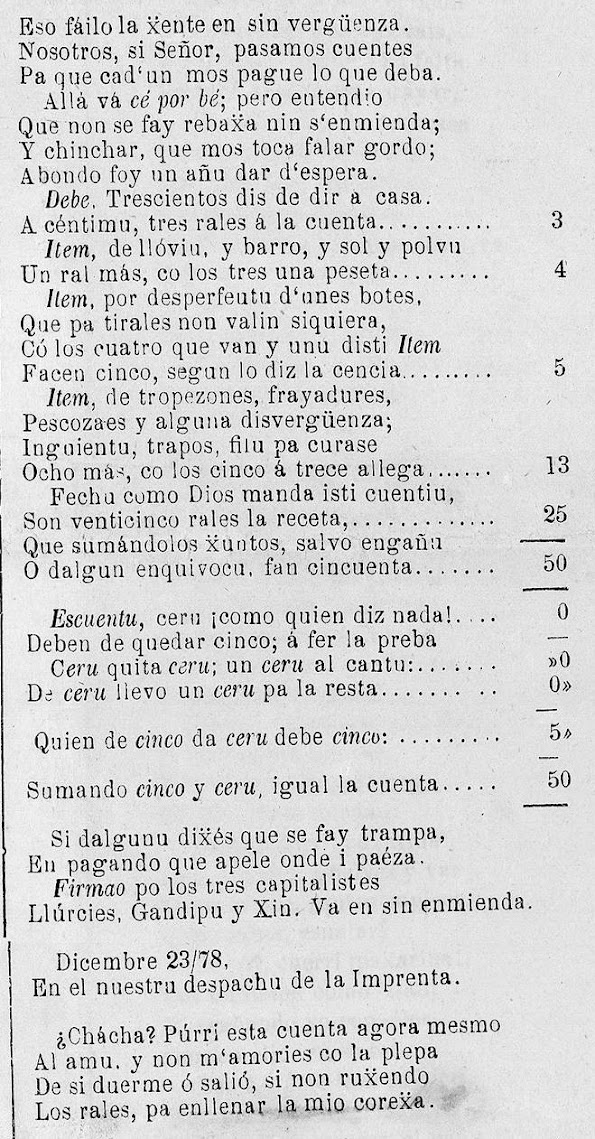 añu 1878: Arreglu de cuentes entre los suscritores y repartióres de La Voz d'Asturies ... de Xuan María Acebal (2 de 2)