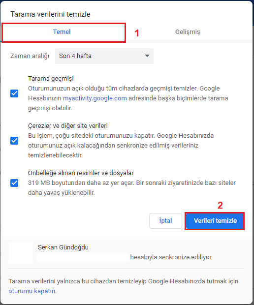 Google Chrome'da Önbelleği, Çerezleri ve Tarama Geçmişini Temizleme