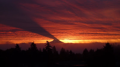 Mt Ranier casting a shadow in the sky at dawn from KOMO News