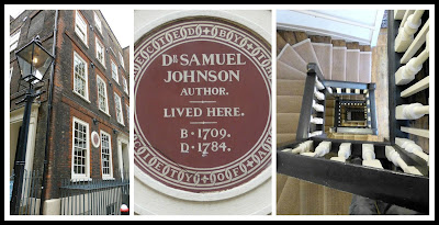 From left to right: Dr Johnson's House Museum, 17 Gough Square, London; plaque on 17 Gough Square, London; view down the staircase in 17 Gough Square, London Photos © Andrew Knowles