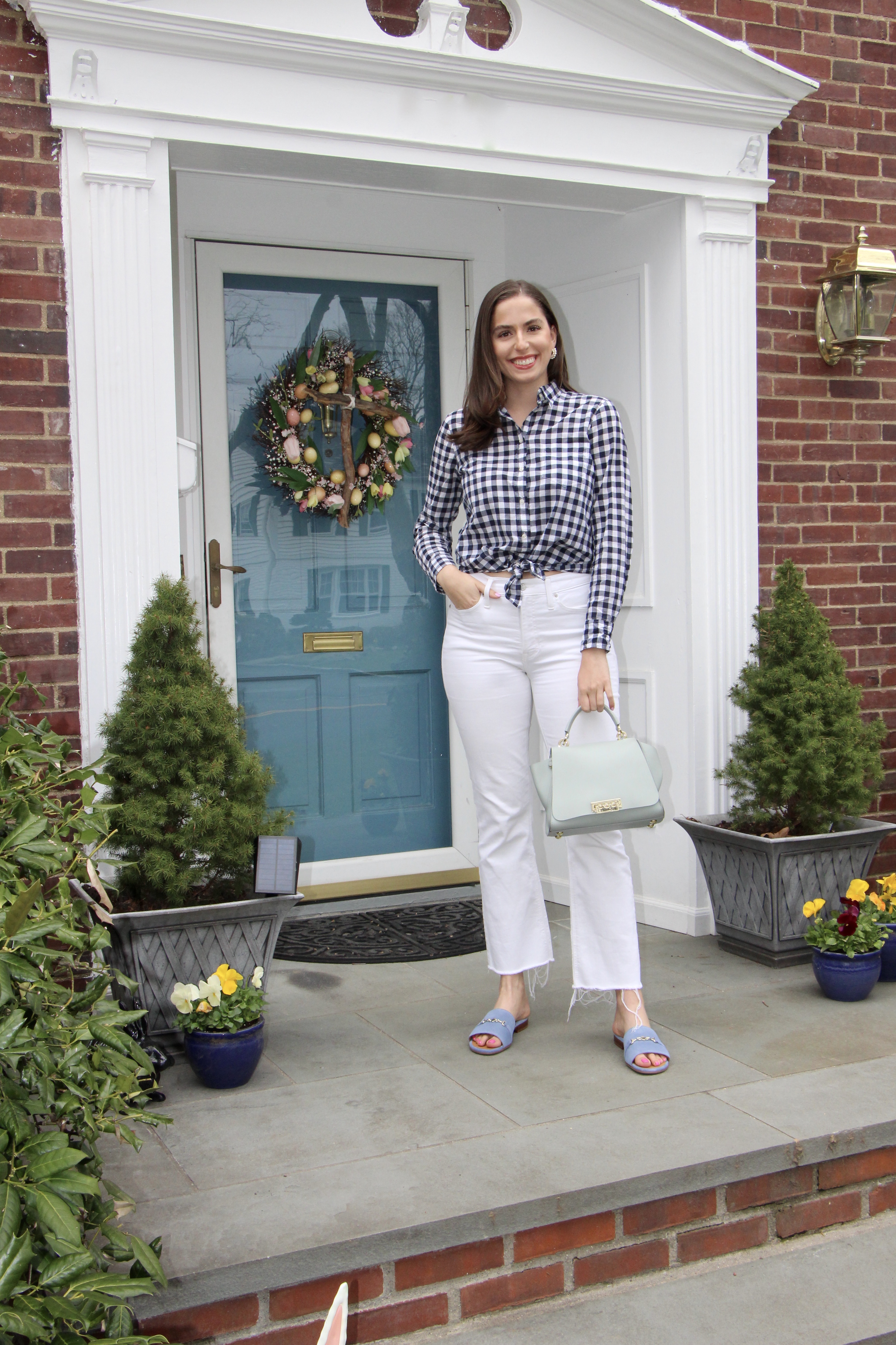 white jeans, white denim, gingham, button down, law school, intern, spring outfit, preppy spring outfit