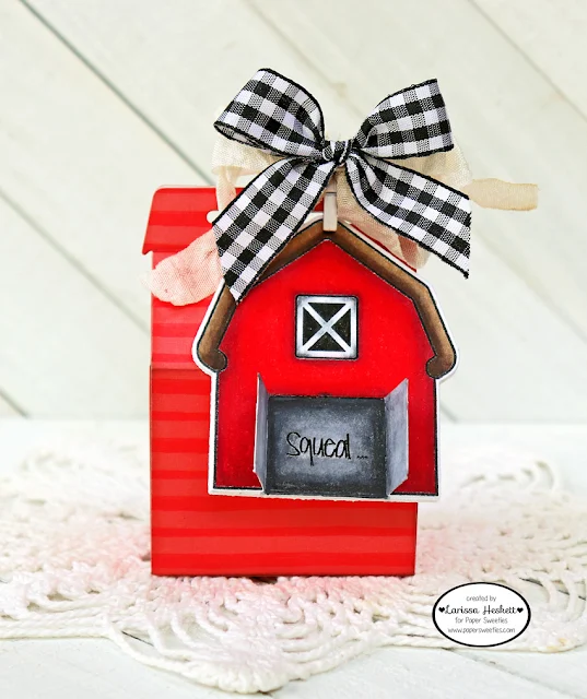 Barn Gift Tag and Treat Box by Larissa Heskett for Paper Sweeties using Farmhouse Sweet Farmhouse Stamps and Dies and Treat Box Dies with Frosting Seam Binding Ribbon #papersweeties #farmhousesweetfarmhouse #treatbox #barn #junerelease2020