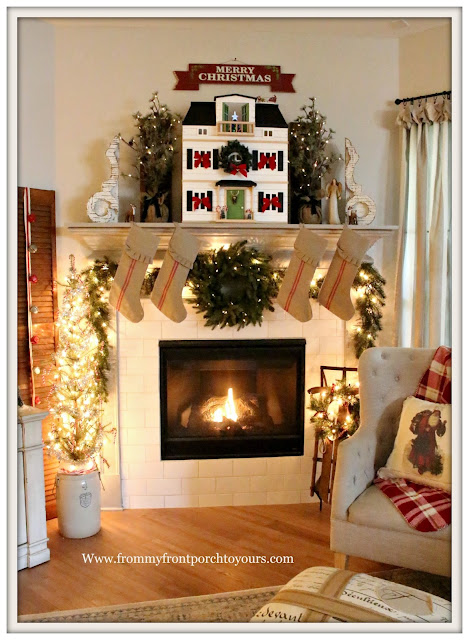 French -Country -Farmhouse- Christmas Mantel-Grain Sack Stockings-Vintage Sled-Hearth & Hand- Doll House-Corbels-Vintage Style-From My Front Porch To Yours