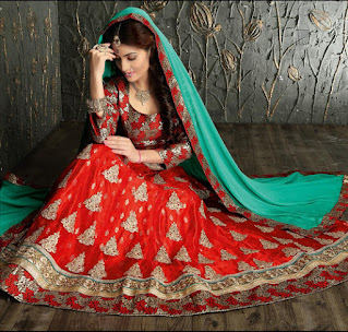 Embroidered Red color Lehnga with Cyan color Dupatta