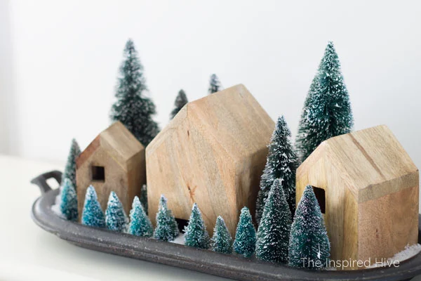 Winter decor idea! Hearth and Hand wooden nesting houses make a beautiful modern farmhouse Christmas village display with bottle brush trees!