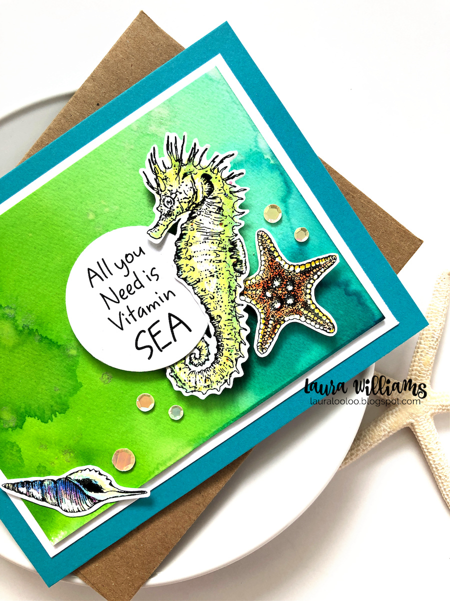 The stamp sets in today's blog post are under-the-sea beauties but each in their own special style. The first is a more realistic design with beautiful seashells and a sweet seahorse - this clear stamp set is called Seahorse & Shells. I started with a watercolored panel (using Jane Davenport Inkredible Inks) and added a seahorse and shells colored with pencils.