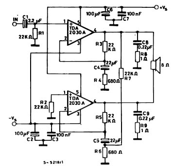 TDA2030 bridge 35 watt power amplifier circuit and explanation