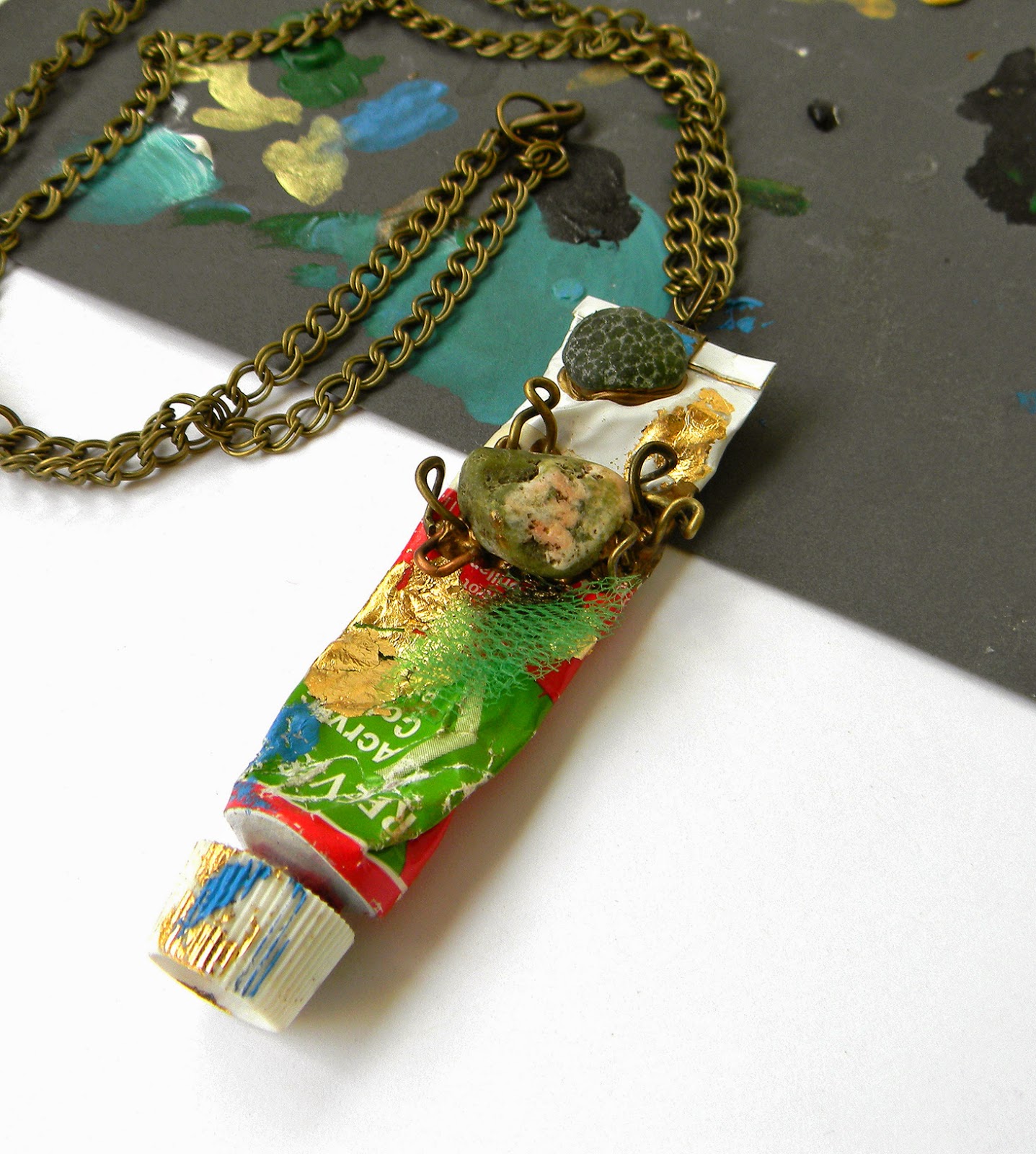 Art Jewelry Pendant with Acrylic Paint Tube and Bronze Double Chain