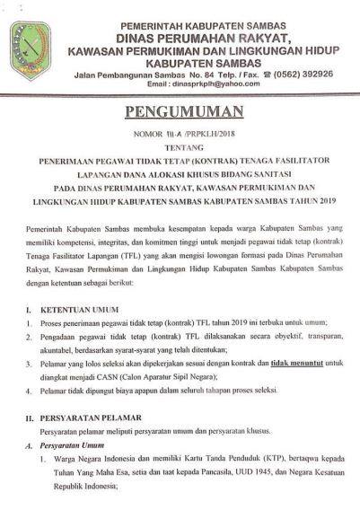 Lowongan Kerja Penerimaan Pegawai Tidak Tetap (Kontrak) Dinas Perumahan Rakyat, Kawasan Permukiman Dan Lingkungan Hidup Kab Sambas Tahun 2019