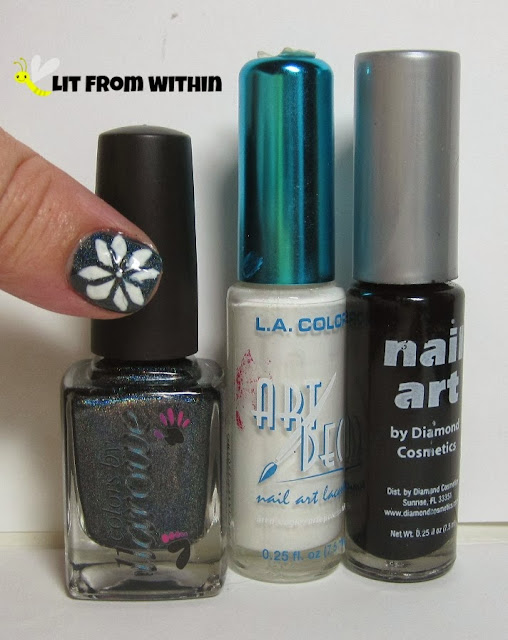 Bottle shot:  Colors by Llarowe Oh Christmas Tree, black and white nail art stripers