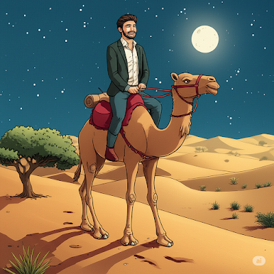 Adventurer with bow riding camel into fiery horizon