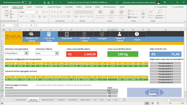 Planilha de Cálculo de Fretes Transportadora em Excel
