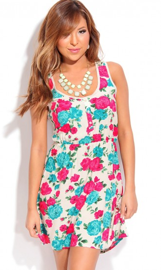 SAND FLORAL PRINT SCOOP NECK TANK DRESS