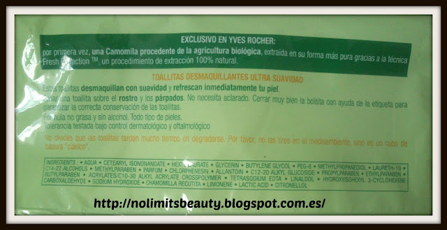 Ingredientes de las toallitas desmaquillantes Pure Calmille de Yves Rocher