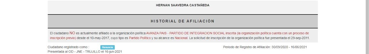 Captura del ROP sobre situación de Hernán Saavedra