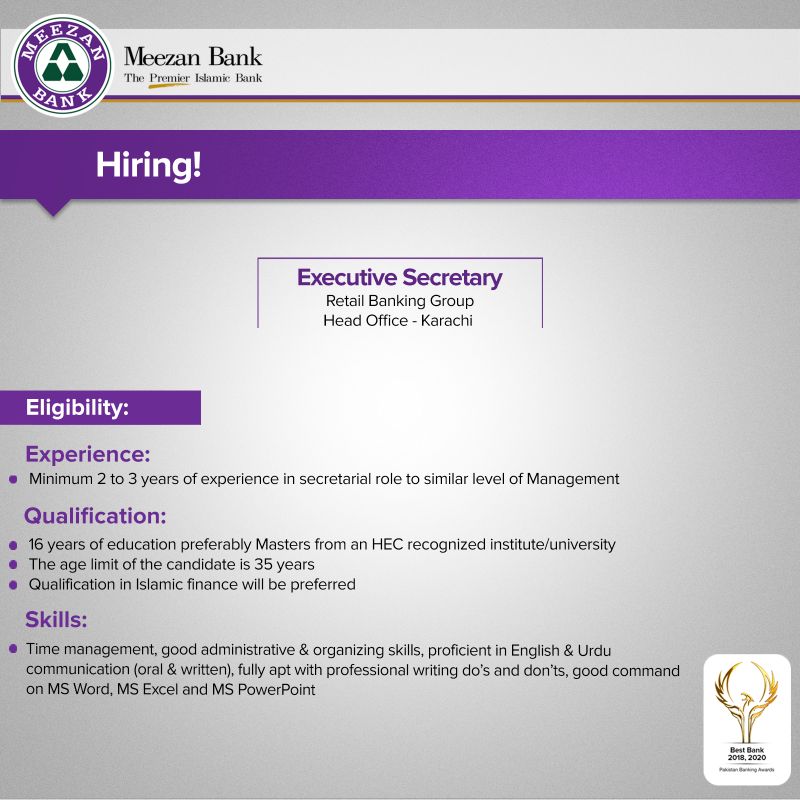 Meezan Bank Announced Jobs for the Post of Executive Secretary