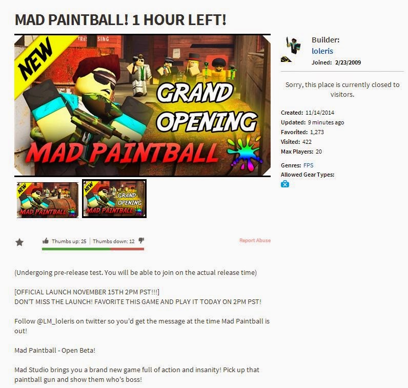 Unofficial Roblox Mad Paintball By Loleris Grand Opening Review Roblox - roblox has stopped making gears last time one was updated