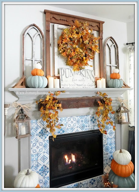 Farmhouse Cottage Fall Fireplace-Blue and White-French Country- Mantel-From My Front Porch To Yours