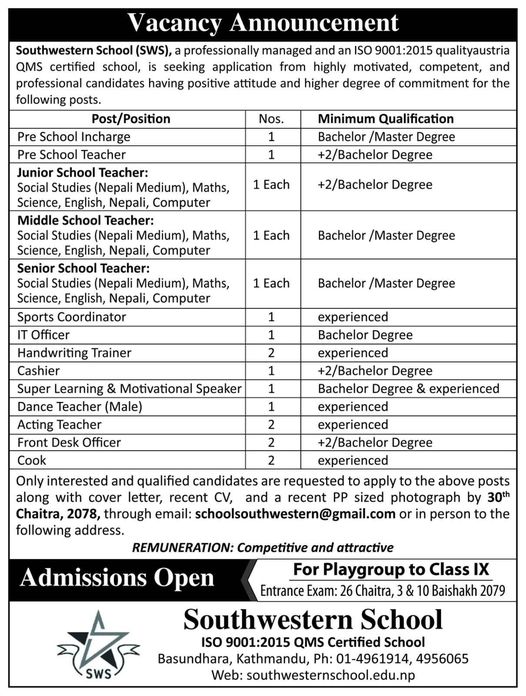 Southwestern School Vacancy