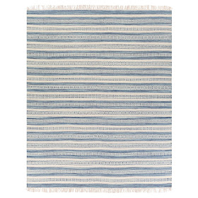 I love farmhouse style, the color blue, and cushy rugs! Here are ten of my favorite blue rugs. All of them perfect for creating that farmhouse style! This one is striped with fringe.