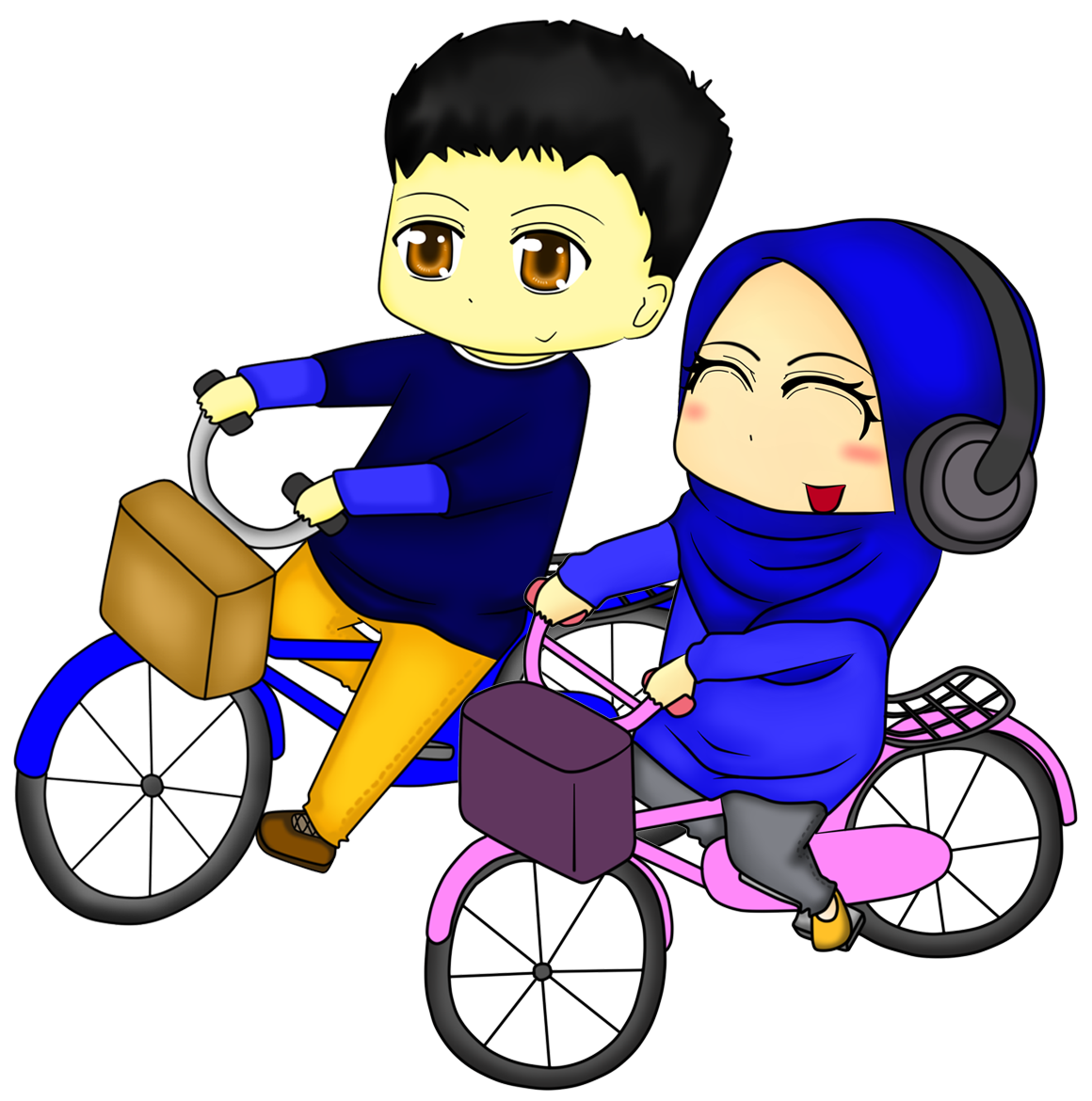 Diya Hanun chibi doodle muslimah couple naik basikal