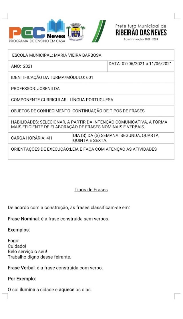 Atividade Língua Portuguesa - 6º Ano - 601