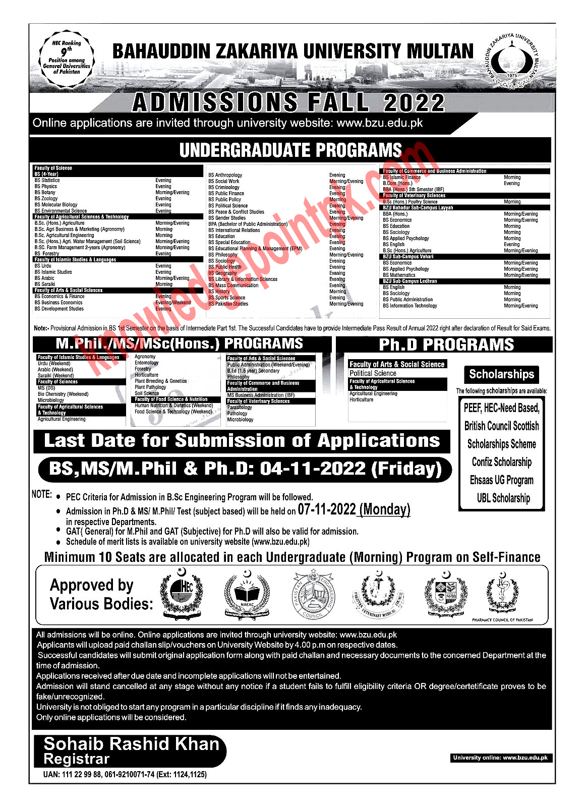 BZU Multan Fall 2022 Admissions Notice- Check Programs & Online Apply