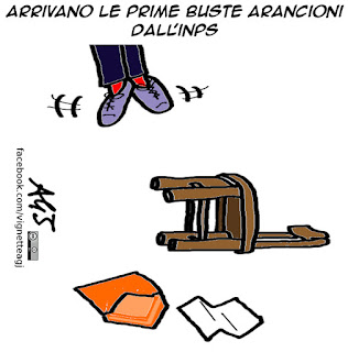 inps, pensioni, busta arancione, contributi, vignetta satira