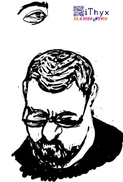 Бородатый мужчина в очках и чёрной одежде. Автор рисунка: художник #iThyx