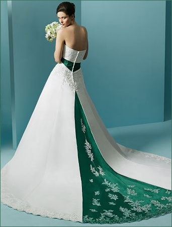white and dark green wedding dress